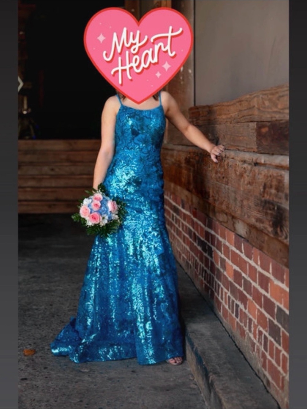 Sequined Teal Blue Mermaid Evening Gown